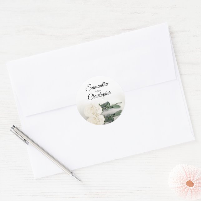 Elegant Mirrored Ivory White Rose Wedding Classic Round Sticker (Envelope)