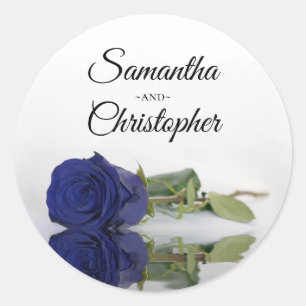 Elegant Mirrored Navy Blue Rose Wedding Classic Classic Round Sticker