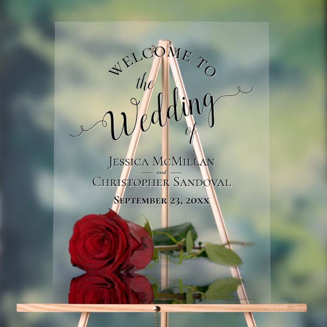 Elegant Mirrored Red Rose Romantic Wedding Welcome Acrylic Sign (Neutral)