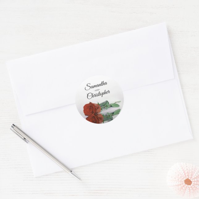 Elegant Mirrored Rust Orange Rose Wedding Classic Round Sticker (Envelope)