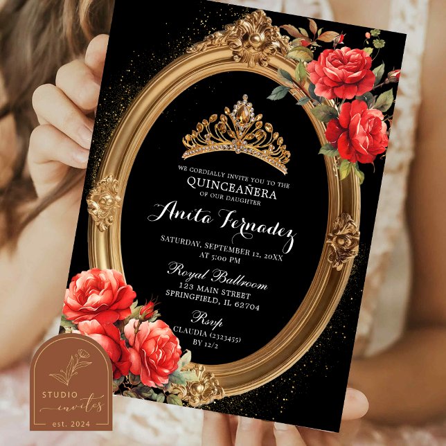 Elegant Mis Quince Black and Red Rose Invitation (Creator Uploaded)