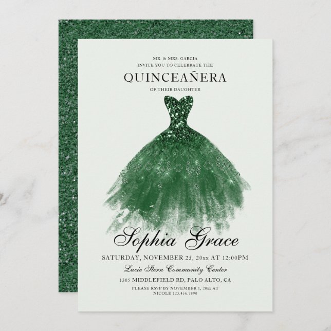 Elegant Mis Quince Green Glitter Quinceañera Invitation (Front/Back)