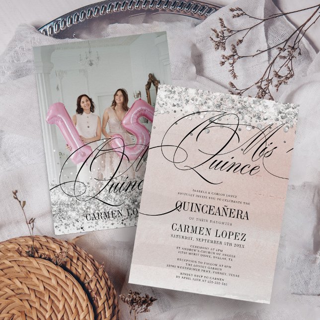 Elegant Mis Quince Silver & Pink Rose Quinceanera Invitation (Creator Uploaded)