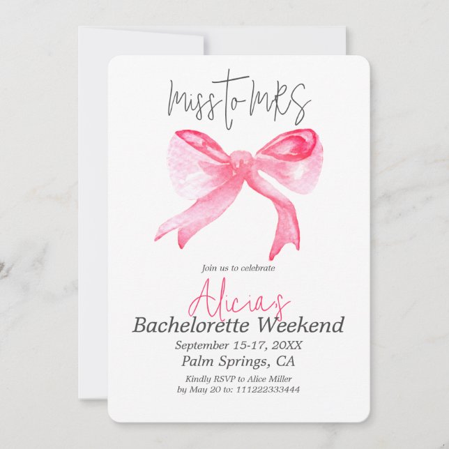 Elegant Miss to MRS Pink Bow Bachelorette Party Invitation (Front)