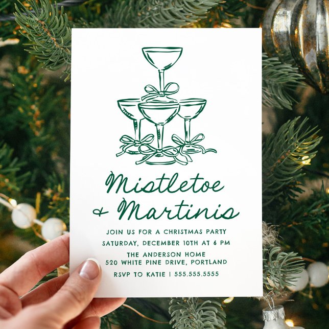 Elegant Mistletoe and Martinis Green Christmas Invitation (Creator Uploaded)