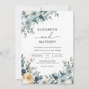 Elegant Misty Blue Botanical Floral Wedding Invitation