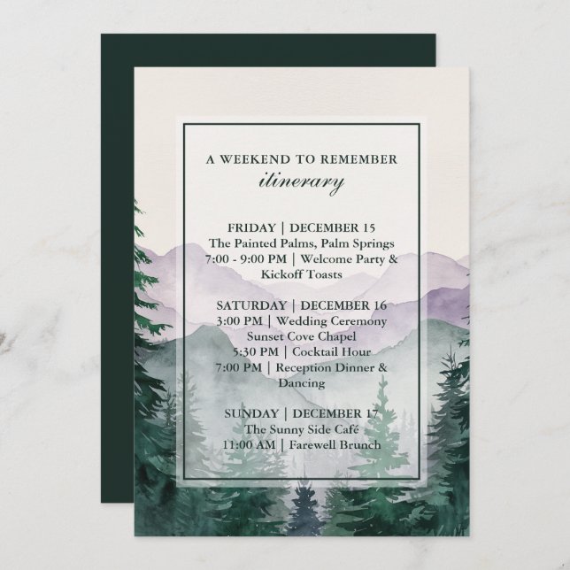 Elegant Misty Mountain Forest Itinerary Card (Front/Back)