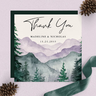 Elegant Misty Mountain Forest Script Wedding Thank You Card