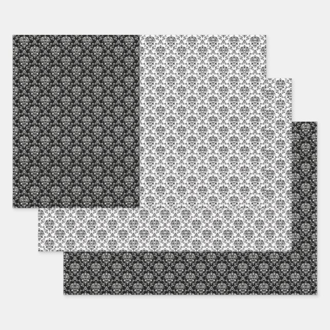 Elegant Mixed Black and White Damask Wrapping Paper Sheet (Set)
