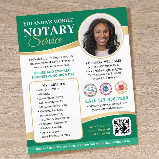 Elegant Mobile Notary Public QR Code Green Flyer (Creator Uploaded)