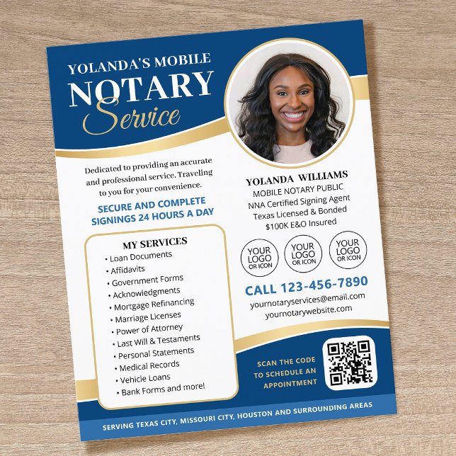 Elegant Mobile Notary Service Logo QR Code Navy Flyer (Creator Uploaded)