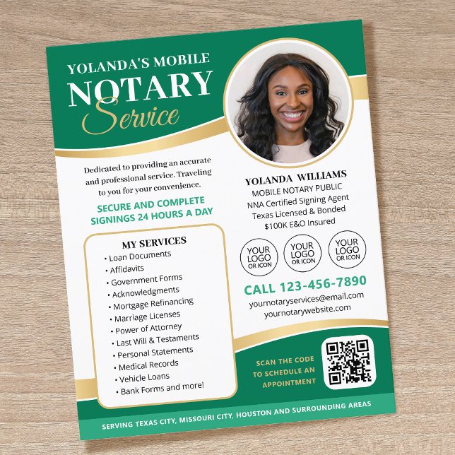 Elegant Mobile Notary Service QR Code Logo Green Flyer (Creator Uploaded)