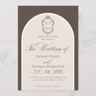 Elegant Mocha And Cream Monogram Wedding Invitation