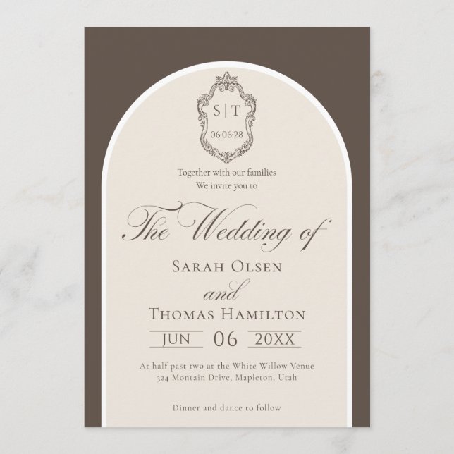 Elegant Mocha And Cream Monogram Wedding Invitation (Front)