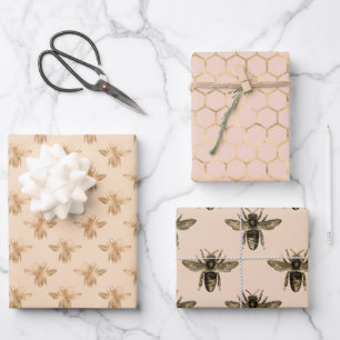 Elegant mocha black and gold bee-themed wrapping paper sheet