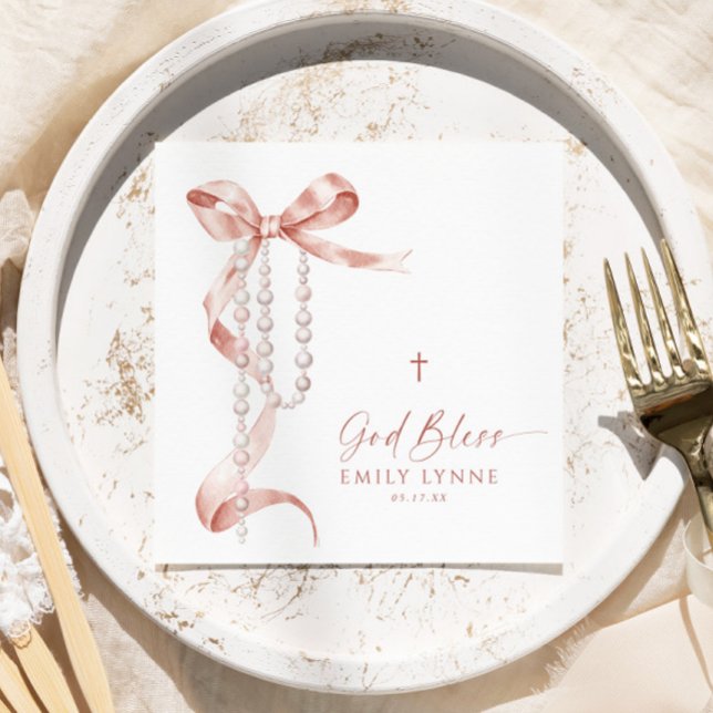 Elegant Mocha Bow & Rosary Baptism Napkin (Creator Uploaded)