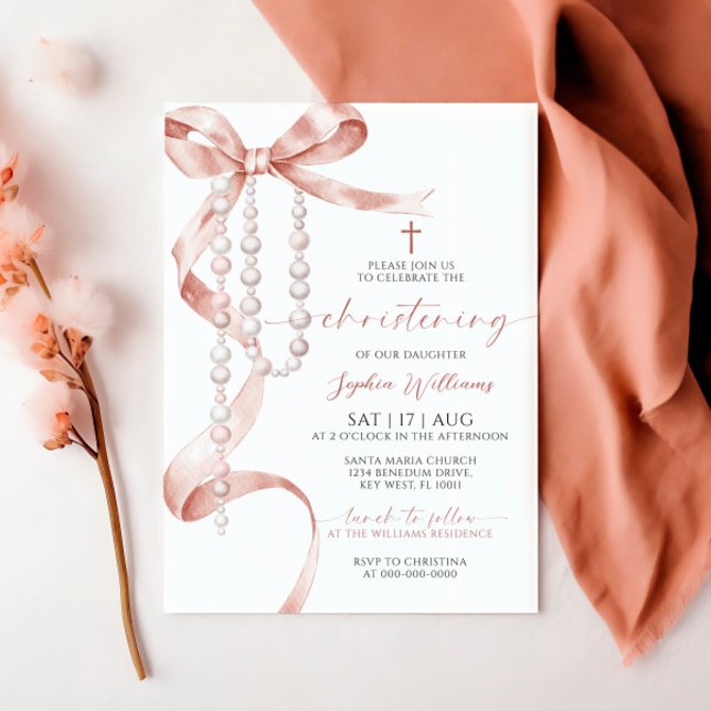 Elegant Mocha Bow & Rosary Christening Invitation (Creator Uploaded)