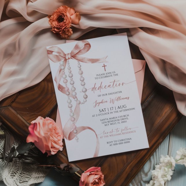 Elegant Mocha Bow & Rosary Dedication Invitation (Creator Uploaded)