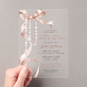 Elegant Mocha Bow & Rosary First Holy Communion Acrylic Invitations