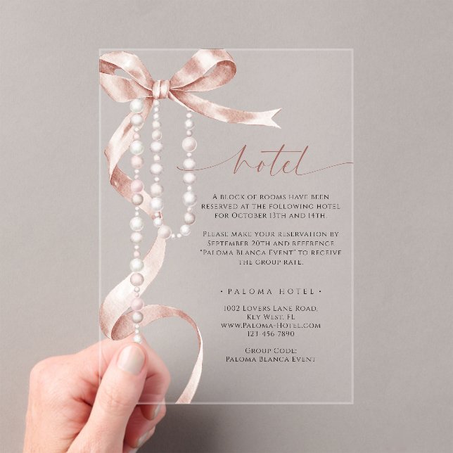 Elegant Mocha Bow & Rosary Hotel Enclosure Acrylic Invitations (Insitu (Handheld))