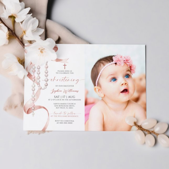 Elegant Mocha Bow & Rosary Photo Christening Invitation (Creator Uploaded)