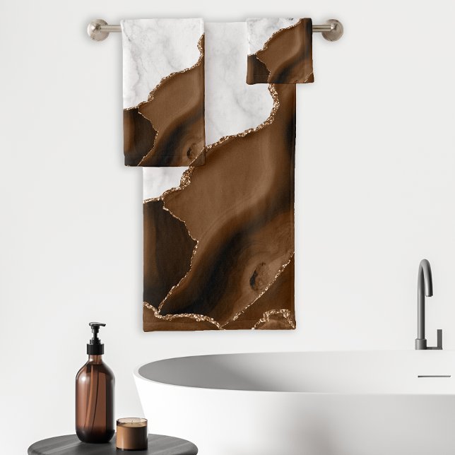 Elegant Mocha Brown Agate Gold Glitter Marble Bath Towel Set (Creator Uploaded)