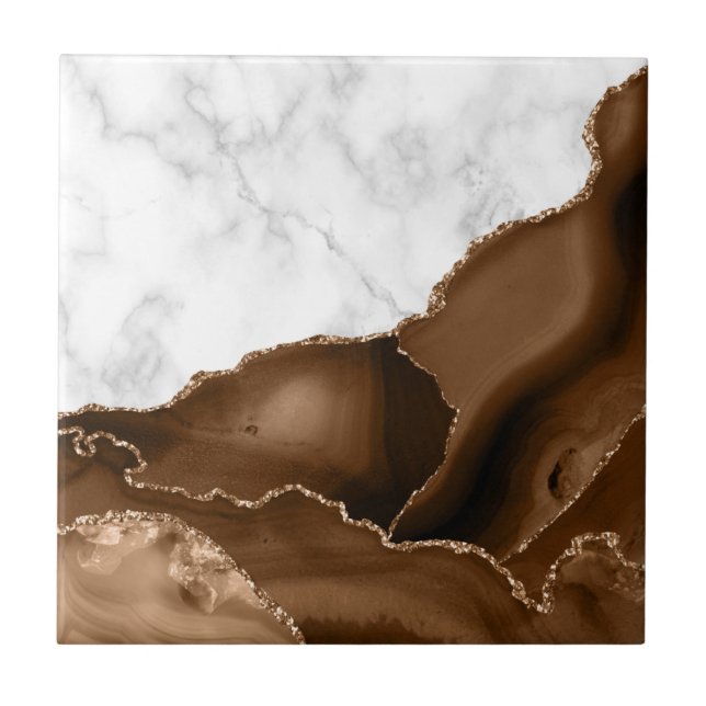 Elegant Mocha Brown Agate Gold Glitter Marble Ceramic Tile (Front)