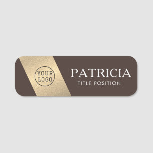 Elegant Mocha Dark Brown Gold Glitter Logo Name Tag