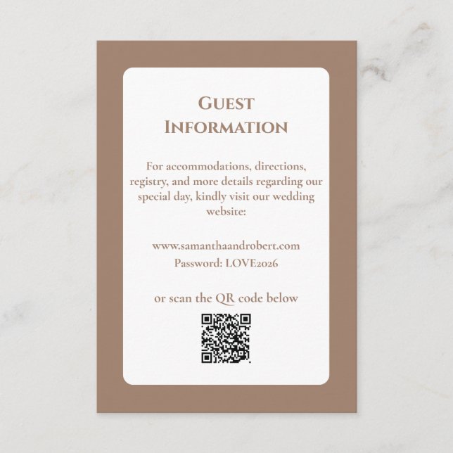 Elegant Mocha Floral Line Art QR Code Wedding Enclosure Card (Front)