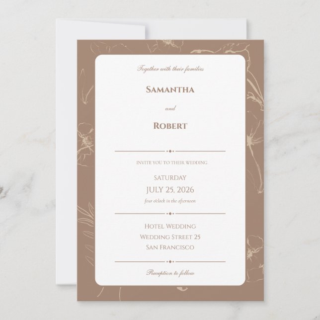 Elegant Mocha Floral Line Art Wedding Invitation (Front)