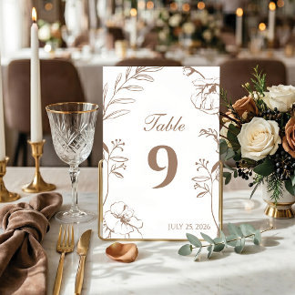 Elegant Mocha Floral Line Art Wedding Table Number