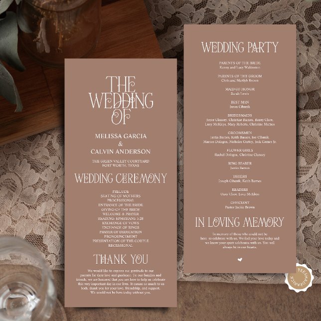 Elegant Mocha Mousse Typography Wedding Program (Elegant Mocha Mousse Typography Modern Romantic Wedding Program Card)