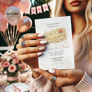 Elegant Modend Dahlias Golden Calligraphy Wedding  Invitation