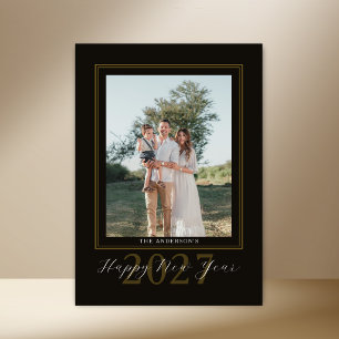 Elegant Modern 4 Photo Collage Black Gold New Year Holiday Card