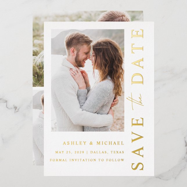 Elegant Modern 4 Photo Wedding Save the Date Gold (Front/Back)