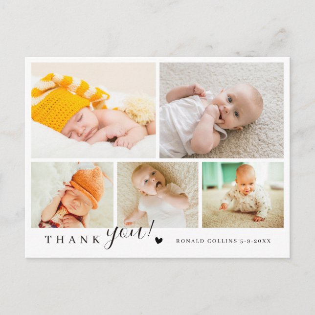 Elegant & Modern 5 Photo Collage Baby Shower Postcard (Front)
