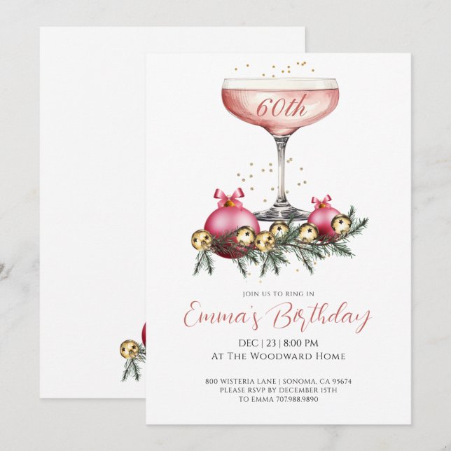 Elegant Modern 60th Christmas Birthday Party Invitation (Front/Back)