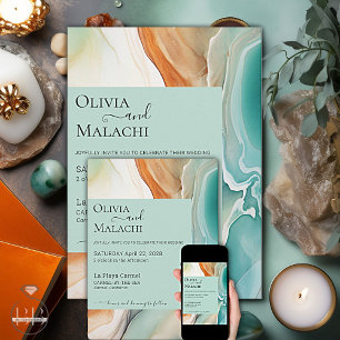 Elegant Modern Abstract Agate Teal Terracotta Invitation