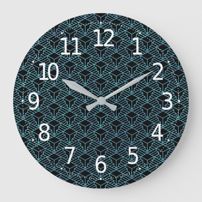 Elegant Modern Abstract Blue Art Deco Pattern | Large Clock (Front)