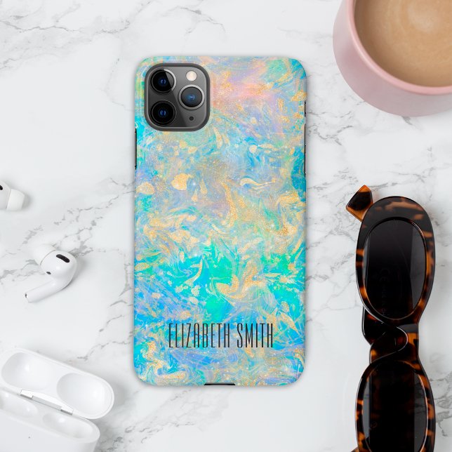 Elegant Modern Abstract Gold Fire Opal Custom Name iPhone 16 Case (Creator Uploaded)