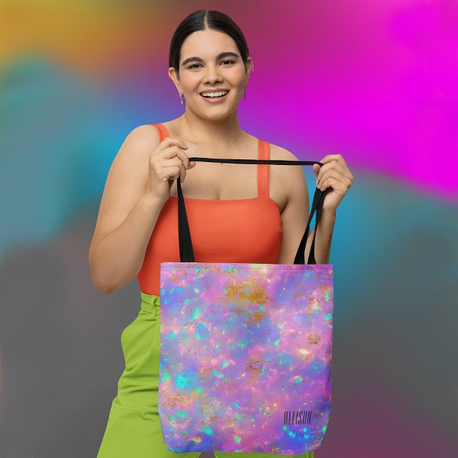 Elegant Modern Abstract Gold Fire Opal Custom Name Tote Bag (Creator Uploaded)