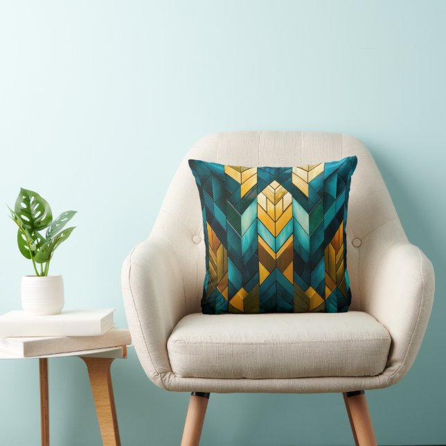 Elegant Modern Abstract Gold Teal Geometric Cushion (Chair)