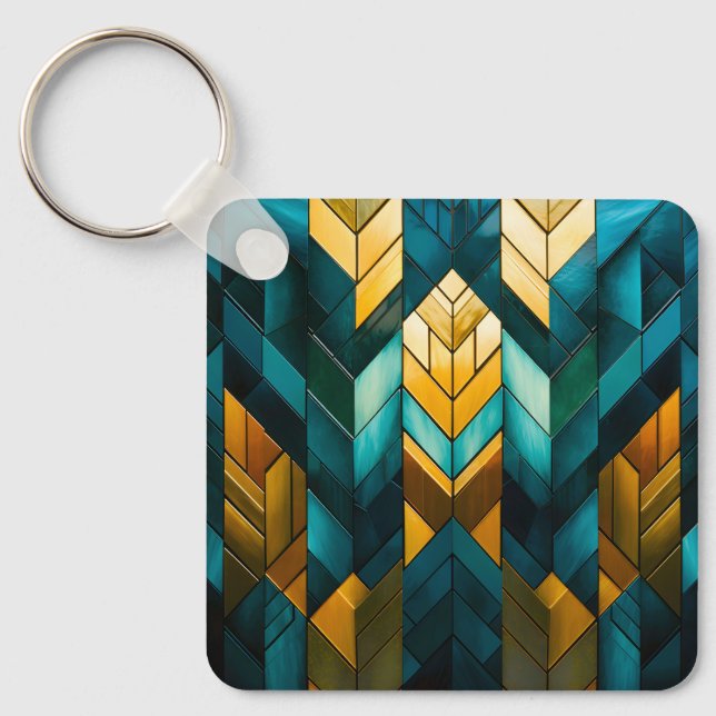Elegant Modern Abstract Gold Teal Geometric Key Ring (Front)