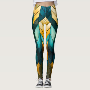 Elegant Modern Abstract Gold Teal Geometric Leggings