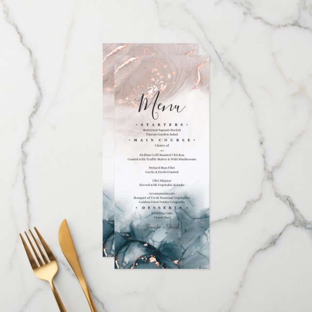 Elegant Modern Alcohol Ink Gold Blush Blue Minimal Menu (Front/Back In Situ)