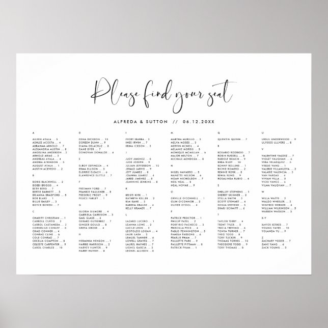 Elegant & Modern Alphabetical seating chart (Front)