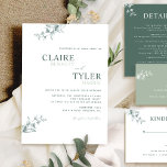Elegant Modern and Minimal Green Wedding Invitation<br><div class="desc">Modern elegant wedding invitation with contemporary typography and subtle, fine hand-drawn floral detail in green hues. Easy to fill in the template. Ability to "edit using design tool" and make changes to font size, style, position, and even colour. The last names are in a sage green hue while the rest...</div>