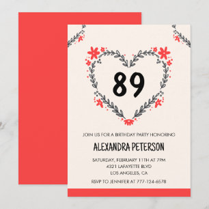Elegant Modern Any age Floral Heart 89th birthday Invitation