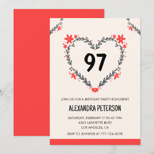 Elegant Modern Any age Floral Heart 97th birthday Invitation