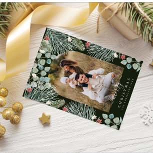 Elegant Modern Arch Botanical Christmas Photo Invi Holiday Card